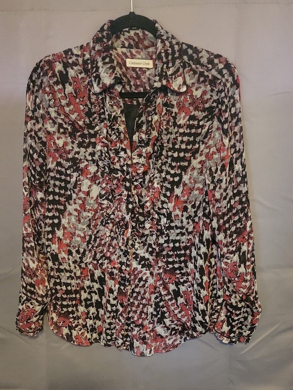 Coldwater Creek Printed Ruffle-Front Button Down Blouse in Black, Pink & White